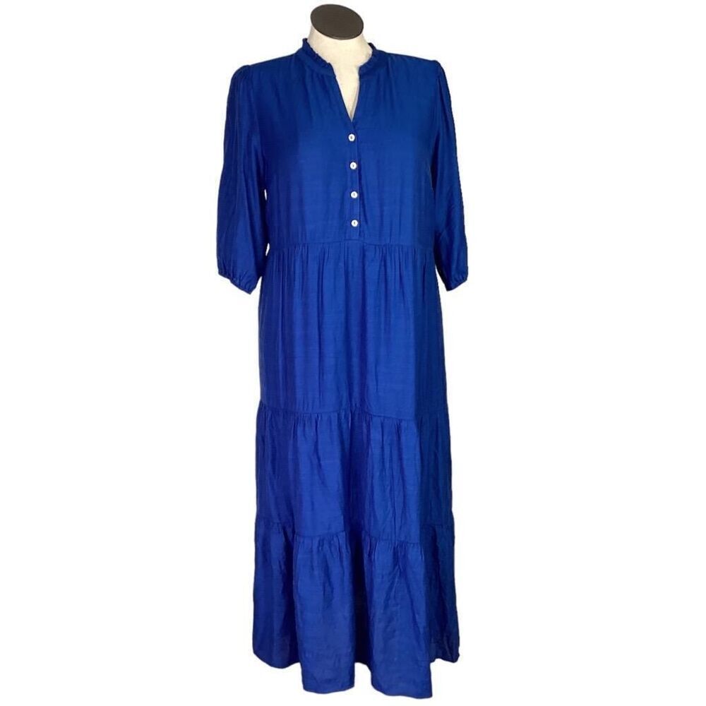J Jill Tiered Maxi Dress Womens L Blue Oceanic Rayon Blend Boho 3/4 Sleeves